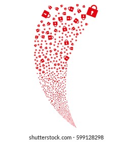 Lock random fireworks stream. Vector illustration style is flat red iconic symbols on a white background. Object fountain created from scattered design elements.