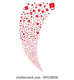 Lock random fireworks stream. Vector illustration style is flat red iconic symbols on a white background. Object fountain made from scattered symbols.