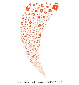 Lock random fireworks stream. Vector illustration style is flat orange iconic symbols on a white background. Object fountain created from scattered design elements.