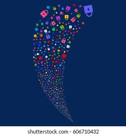 Lock random fireworks stream. Vector illustration style is flat bright multicolored iconic symbols on a blue background. Object fountain created from scattered pictographs.