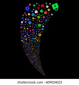Lock random fireworks stream. Vector illustration style is flat bright multicolored iconic symbols on a black background. Object fountain combined from scattered design elements.