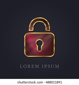 Lock Red Ruby with Golden Frame Precious Jewellery Icon / Logo Design
