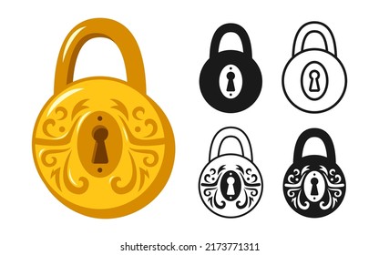 Lock round golden vintage icon set. Old padlock for safety and security symbol protection design element. Metal cartoon shiny locks sign for logo, game, web or app ui locking privacy or encryption