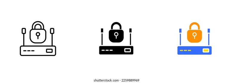 Lock and router. Secure internet network, wifi, lan, privacy, data security, communication, signal, antennas. Vector set icon in line, black and colorful styles isolated on white background