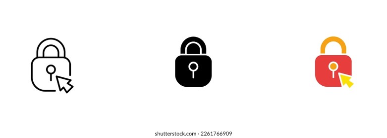 Lock and router. Secure internet network, wifi, lan, privacy, data security, communication, signal, antennas. Vector set icon in line, black and colorful styles isolated on white background