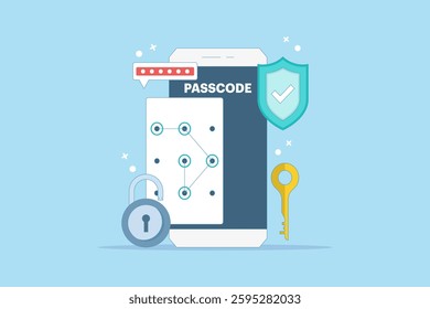 Lock screen concept set input passcode on smartphone screen with password protection padlock. Data protection, internet security and cyber security. Flat vector illustration on background.