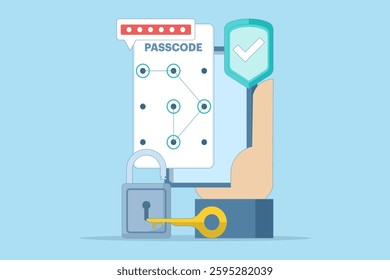 Lock screen concept set input passcode on smartphone screen with password protection padlock. Data protection, internet security and cyber security. Flat vector illustration on background.