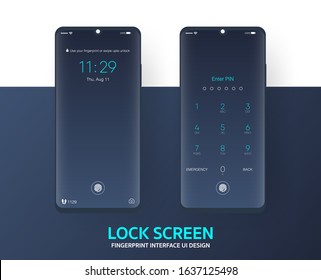 Lock screen with fingerprint smartphone interface vector template, Mobile app page dark mode design layout, Flat UI for application