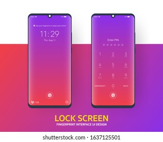 Lock screen with fingerprint smartphone interface vector template, Mobile app page pink gradient design layout, Flat UI for application - Shutterstock ID 1637125501