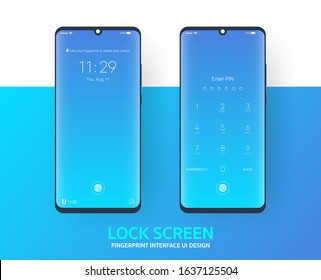 Lock screen with fingerprint smartphone interface vector template, Mobile app page blue gradient design layout, Flat UI for application