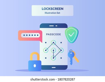 Lock Screen Illustration Set Input Passcode In Display Smartphone Screen Background Of Password Shield Padlock Key With Flat Color Style.