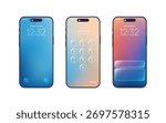 Lock screen on gradient background in new liquid glass style. Glow light button mobile interface with 3d effect, vector illustration. Num pad, password enter screen and push notification, vector.