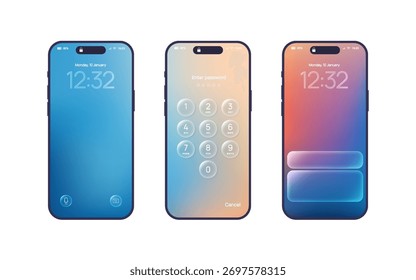 Lock screen on gradient background in new liquid glass style. Glow light button mobile interface with 3d effect, vector illustration. Num pad, password enter screen and push notification, vector.