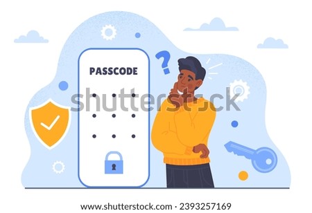 Lock screen at smartphone concept. Man with mobile phone. Safety and security system. Gadget or device. Young guy with password for protection of personal data. Cartoon flat vector illustration