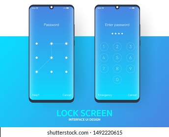 Lock screen smartphone interface vector template, Mobile app page blue gradient design layout, Flat UI for application