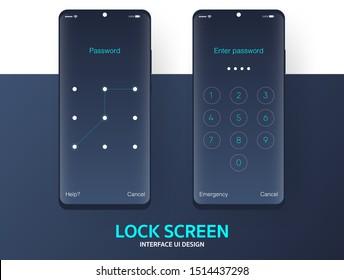 Lock screen smartphone interface vector template, Mobile app page dark mode design layout, Flat UI for application