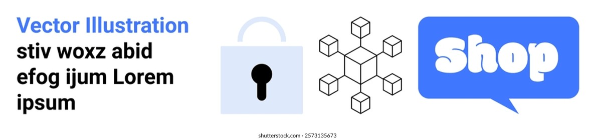 Lock for security, blockchain structure, and speech bubble with shop text in blue. Ideal for e-commerce, cybersecurity, online shopping, blockchain technology, and digital marketing. Banner