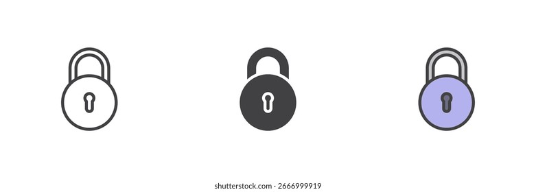 Bloquear ícone de segurança definido em linha, glifo sólido e estilo colorido de contorno preenchido. Símbolo vetorial para o ícone de privacidade, senha, acesso e proteção.