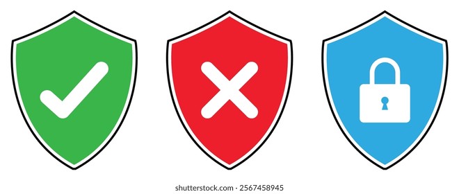 Lock security icons, security shield icon with check mark and cross mark symbol. Safety protection icons set in red, green, and blue color. Vector illustration.