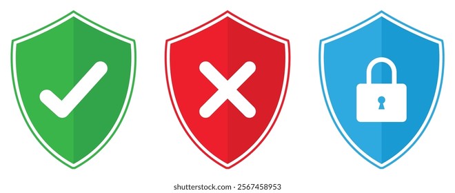 Lock security icons, security shield icon with check mark and cross mark symbol. Safety protection icons set in red, green, and blue color isolated. Vector illustration.