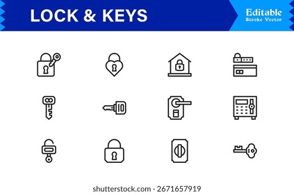 Conjunto De Ícones De Linha De Segurança E Bloqueio - Moderno Mínimo Pixel Perfect Keys, Cadeado E Linha De Segurança Icon Collection
