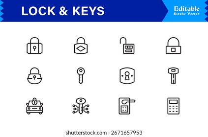 Conjunto De Iconos De Bloqueo Y Línea De Seguridad: Modernas Llaves Perfectas De Píxeles Mínimos, Candado Y Colección De Iconos De Línea De Seguridad