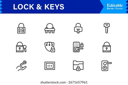 Conjunto De Ícones De Linha De Segurança E Bloqueio - Moderno Mínimo Pixel Perfect Keys, Cadeado E Linha De Segurança Icon Collection