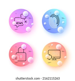 Lock, Seo and Fingerprint minimal line icons. 3d spheres or balls buttons. Fake news icons. For web, application, printing. Padlock shield, Search engine, Finger identify. Wrong fact. Vector
