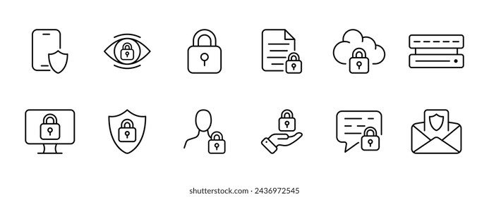 Lock set icon. Security mobile device, spy block, blocking, blocked files, cloud. Server, DDoS protection, protecting clients, providing security services, checking received emails. Vector line icon.