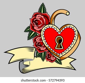 lock in the shape of a heart with flowers and a banner. Valentine. Old school tattoo style
