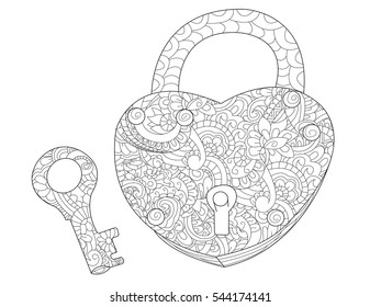 Lock in the shape of a heart and key coloring book for adults vector illustration. Anti-stress coloring for adult love. Zentangle style nature. Black and white lines symbol. Lace pattern