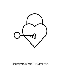 Lock in the shape of heart with key. Outline thin line flat illustration. Isolated on white background. 