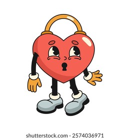 Lock in shape of heart retro icon. Vector love character for loyalty and lover trust sign. Isolated anthropomorphic person for Valentines day or lover holiday. Relationship and loving emoji. Vintage.