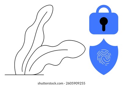 Lock, shield with fingerprint, and abstract plant. Ideal for security themes, technology, nature, privacy, and digital protection. Clean lines, minimal aesthetic. Vector art in blue and black tones