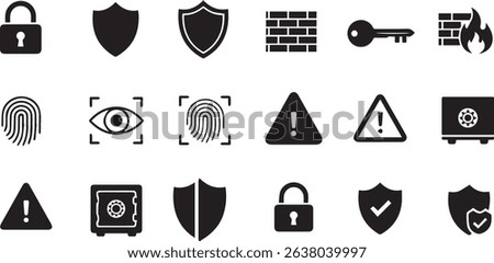 lock, shield, firewall, key, fingerprint, eye scan, safe, alert symbol, padlock, antivirus. black and white file format eps