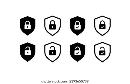 Symbole sperren und abschirmen. Linear, verriegeln in der Abschirmung, verriegeln und abschirmen. Vektorsymbole