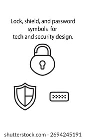 Lock, shield, and password symbols in clean outline style for tech and security design.
