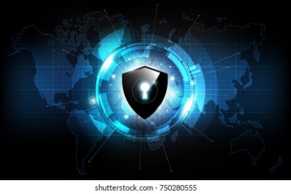 Lock shield with security lock concept and futuristic electronic on world map technology background, vector illustration
