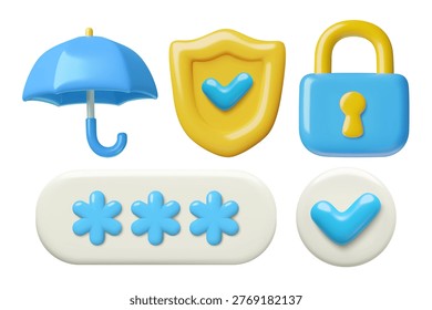Lock, shield, umbrella, password and check mark 3d protection and data safety icons set. Vector illustration.