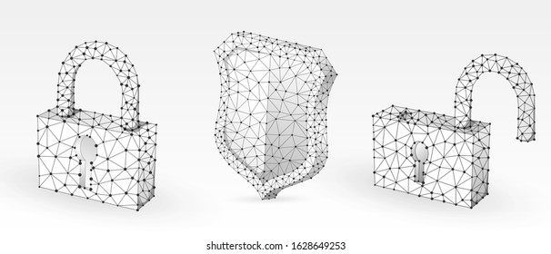 Lock, shield, unlock symbol abstract set. Low poly, wireframe digital 3d vector illustration. Security, password, privacy protection concept, image on white origami background. Abstract polygonal sign