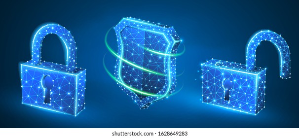 Lock, shield, unlock symbol abstract set. Low poly, wireframe digital 3d vector illustration. Security, password, privacy protection concept, image on blue neon background. Abstract polygonal sign