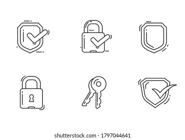 Lock and shield vector illustration suitable for security concept isolated on white background. Set of protection icons collection draw in outline style 