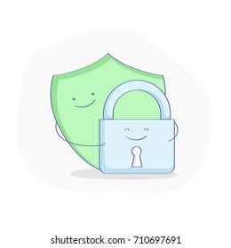 Lock and shield vector isolated icon on white background, blue padlock and green shield shapes illustration, flat line cartoon UX UI design elements for web and mobile design