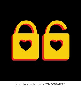 Lock sign with heart shape. 3D Extruded Yellow Icon with Red Sides a Black background. Illustration.