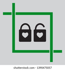Lock sign with heart shape. Black icon inside green crop tool at light gray background
