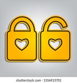 Lock sign with heart shape. Flat orange icon with overlapping linear black icon with gray shadow at whitish background. Illustration.