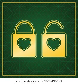 Lock sign with heart shape. Golden icon with gold contour at dark green gridded  background. Illustration.