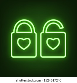 Lock sign with heart shape. Green neon icon in the dark. Blurred lightening. Illustration.