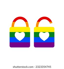 Lock sign with heart shape. Rainbow gay LGBT rights colored Icon at white Background. Illustration.