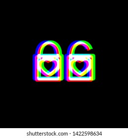 Lock sign with heart shape. Red, green and blue unfocused contour icon at black background. Illustration.